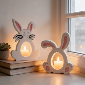 Cozy home decor showing two hollow bunny candle holders with lit tea lights on old books