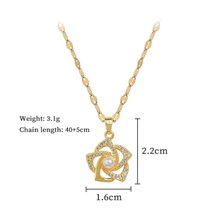Detailed specs of Rotating Flower Necklace with pearls and crystals on a white background