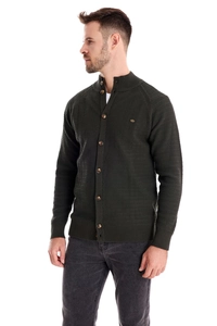 Detailed view of dark green knitted cardigan texture with stylish brown buttons for men
