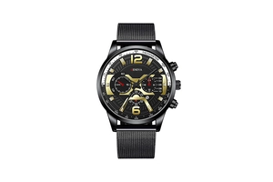 Detail of Geneva black Milanese mesh strap watch with gold numeral dial and tachymeter