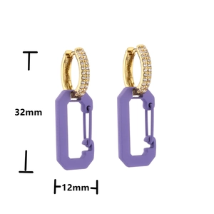 Zirconia encrusted gold hoops with matte purple safety pin charms, 32mm by 12mm
