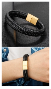 Detailed macro view and model shot of black braided leather bracelet with golden clasp