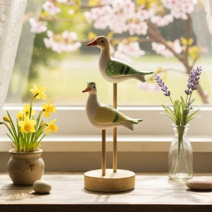 Modern minimalist wooden seabird ornaments on natural round base for home decor