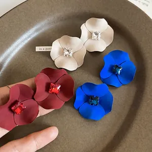 Flower Stud Earrings Alloy Matte Spray Painted With 925 Sterling Silver Earring Post And Square Crystal Vintage Elegant
