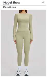 Detail of moss green yoga set showing high-waist leggings and slim fit long sleeve top