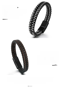 Detail of multi-layer woven cowhide leather bracelets with matte black magnetic alloy clasp
