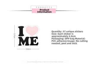 Detailed spec chart of 57 waterproof PVC heart stickers for laptops and skateboards