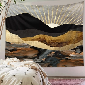 Bedroom wall decor showing modern abstract mountain tapestry with gold sun and marble texture