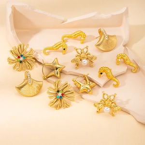 Detailed collection of gold plated seahorse and bee stud earrings with pearls and zircons
