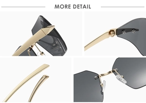 Detailed four-grid view showing metallic hinges, nose pads, and grey lenses of rimless sunglasses
