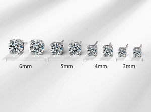 Size comparison of 925 silver stud earrings with 3mm to 6mm cubic zirconia stones