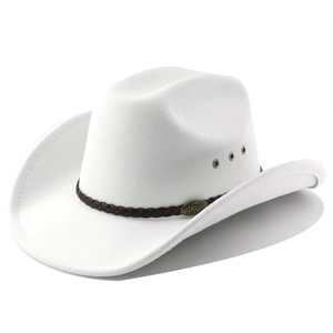 Detail of white felt cowboy hat featuring braided leather band and engraved metal buckle