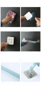 Installation guide for self-adhesive towel bar showing mounting steps on dark wall