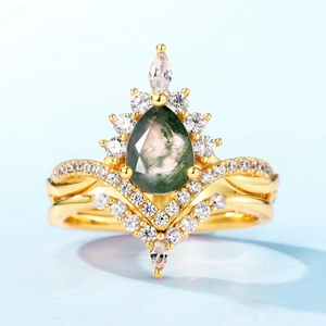 S925 silver green moss agate ring with V-shaped gold band and cubic zirconia accents