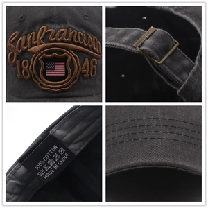 Detail view of cotton baseball cap with San Francisco 1846 embroidery and metal buckle