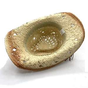 Hollow flower weave western straw cowboy hat in beige with vintage gradient brim edge