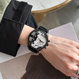 Unisex multi-timezone watch with black silicone strap and white multi-dial face