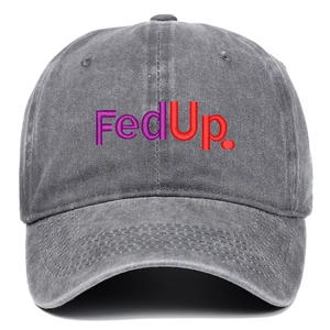 Detailed macro view of vintage washed charcoal cotton baseball cap with FedUp embroidery