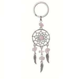 Detail of dreamcatcher keychain with pink crystals and carved silver feathers