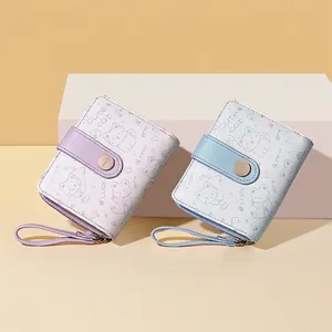Cute Japanese style cat wallet for women in purple and blue pastel colors with strap