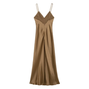 Elegant bronze backless satin maxi slip dress with thin straps and a luxurious drape