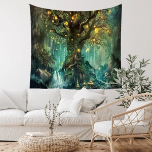 Bohemian forest tapestry with glowing trees and mystical waterfall for room wall decoration