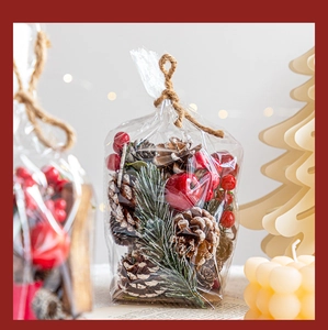 Gros plan du kit de décoration de Noël avec pommes de pin, baies rouges et branches vertes
