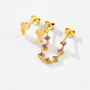 S925 sterling silver tassel earrings with purple zircons and long gold chain design