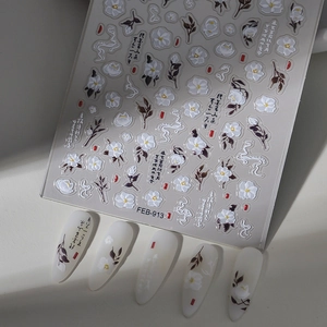 3D embossed floral nail stickers FEB-913 with white camellia design and matte finish