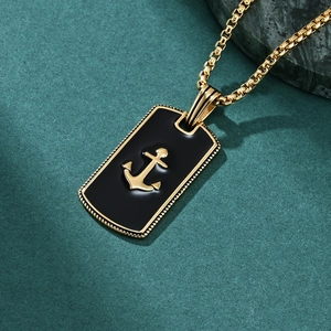 Hip hop men's anchor pendant necklace with black enamel inlay on gold box chain