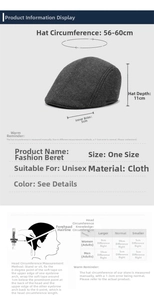 Size guide for herringbone beret showing 56-60cm circumference and measuring tutorial