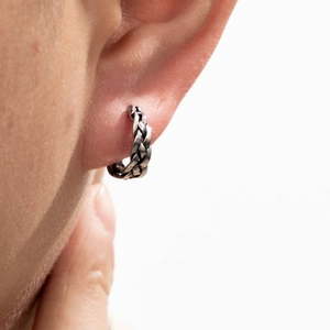 Vintage braided stainless steel huggie earrings for men and women in antique silver finish