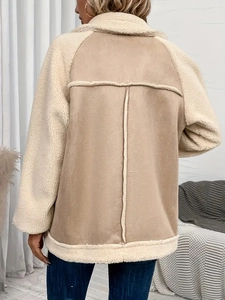 Women's cream faux suede biker jacket with shearling trim and back stitch detail
