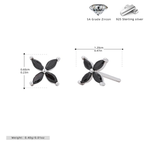 Detailed size specifications for 925 silver black flower earrings with 5A zircon
