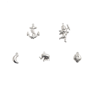 Silver stainless steel hollow charms featuring anchor, angel, moon, elephant, and strawberry
