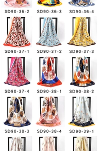 Detailed grid view showcasing twelve assorted floral and geometric printed satin scarves