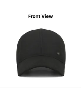 Front view of a black baseball cap featuring a metal buckle and warm fleece lining