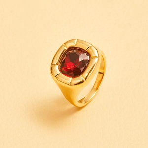18K gold plated stainless steel ring with square red zircon and floral engraving