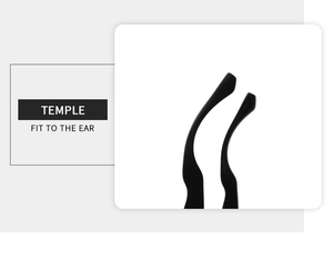 Detail of ergonomic black glasses temple with fit-to-ear design for comfort
