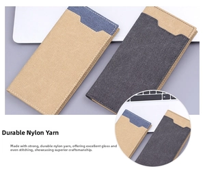 Detail of contrast stitching and nylon fabric on slim long denim style wallet