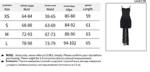 Detailed size chart for strapless lace patchwork dress showing XS to L measurements in CM