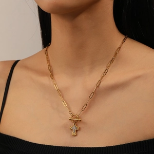 Collier Pendentif Croix En Acier Inoxydable Bicolore Texture Martelée Chaîne Maillon Avec Fermoir OT Bijoux Mode Femmes