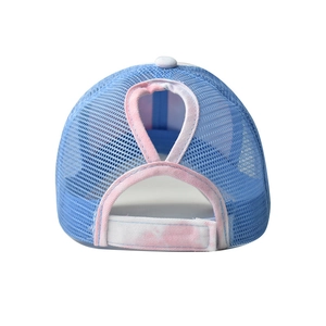 Blue mesh baseball cap for high ponytails with pink tie-dye trim and back opening