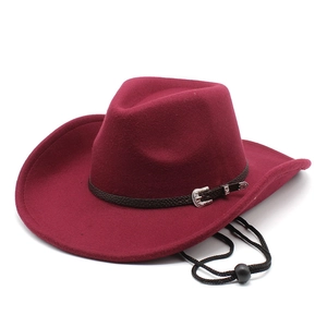 Retro burgundy wool felt cowboy hat with leather band and adjustable chin strap