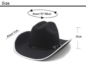 Detailed size chart showing 57-58cm head circumference for black felt western cowboy hat