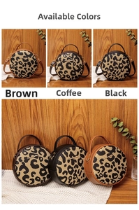 Detailed view of leopard print round crossbody bags in brown, coffee, and black tones