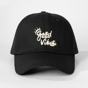 Classic black cotton baseball cap with Good Vibes embroidery and adjustable strap back