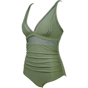 Olive green high waist one-piece swimsuit with deep V-neck and black mesh cutouts