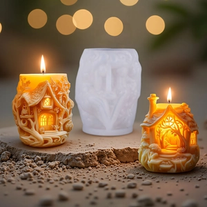 3D fairy tale tree house silicone candle mold with finished embossed cottage candles