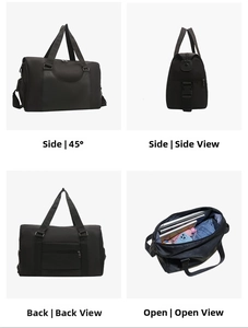 Detail showing the 45-degree angle, side view, back strap and interior of the gym bag